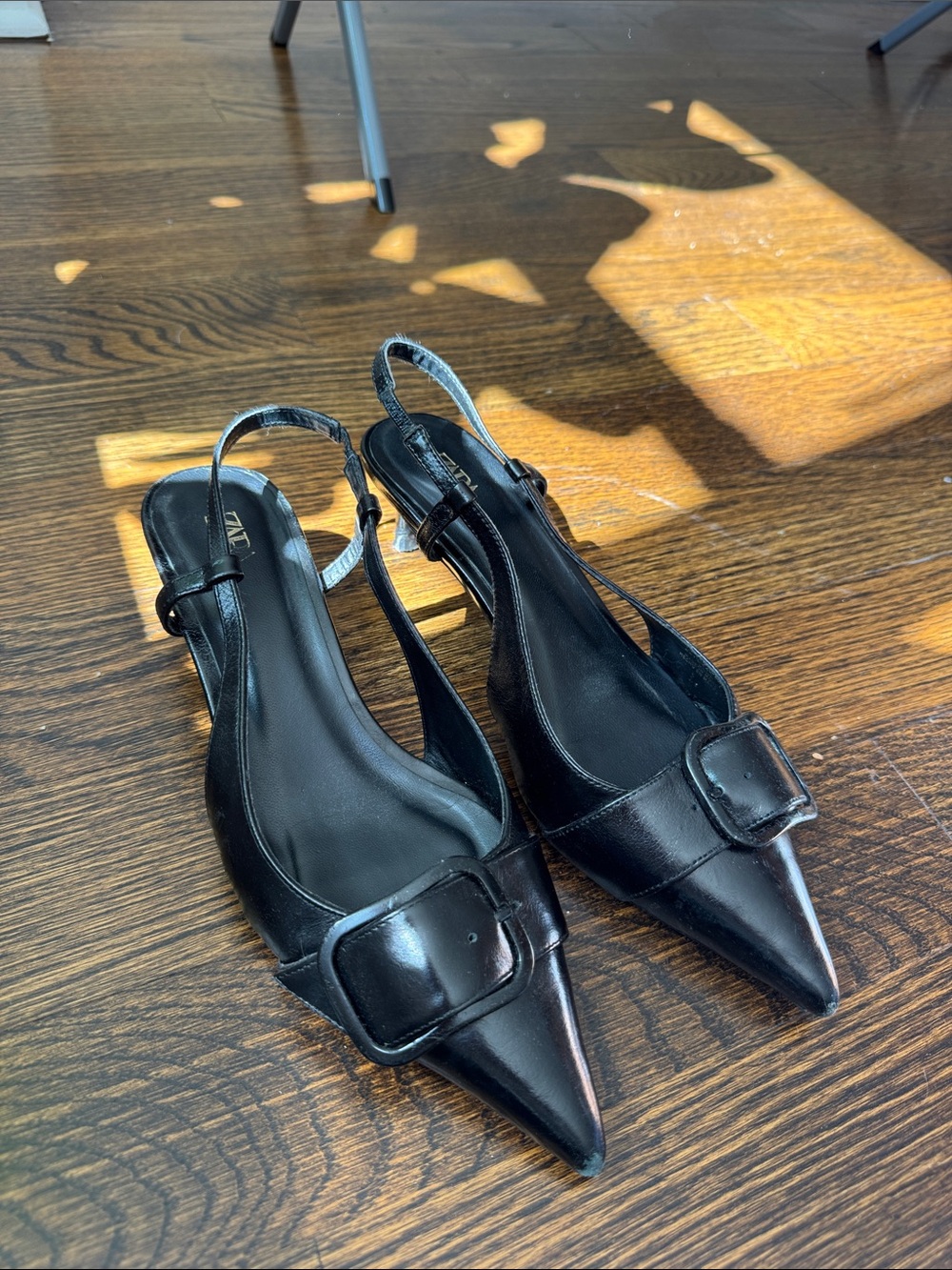 Zara Black Pointed Slingback Heels with Decorative Buckle